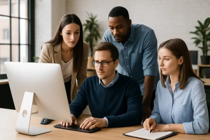 Colaboración de empleados en oficina moderna, representando productividad en equipo