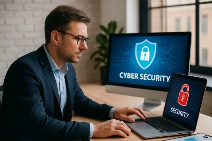 ciberseguridad, riesgos informáticos, seguridad empresarial en RD Entorno de trabajo con múltiples pantallas y análisis de ciberseguridad