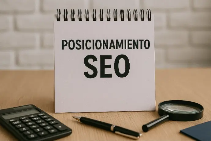 posicionamiento SEO RD, visibilidad en Google, marketing digital Estrategia de posicionamiento con notas SEO y laptop en escritorio