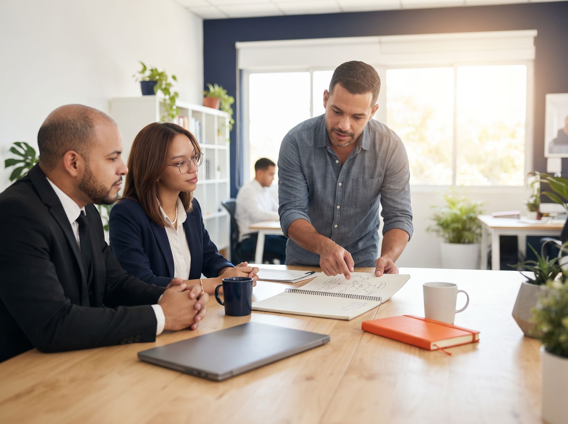 Reunión de trabajo entre un emprendedor y el equipo de new plain