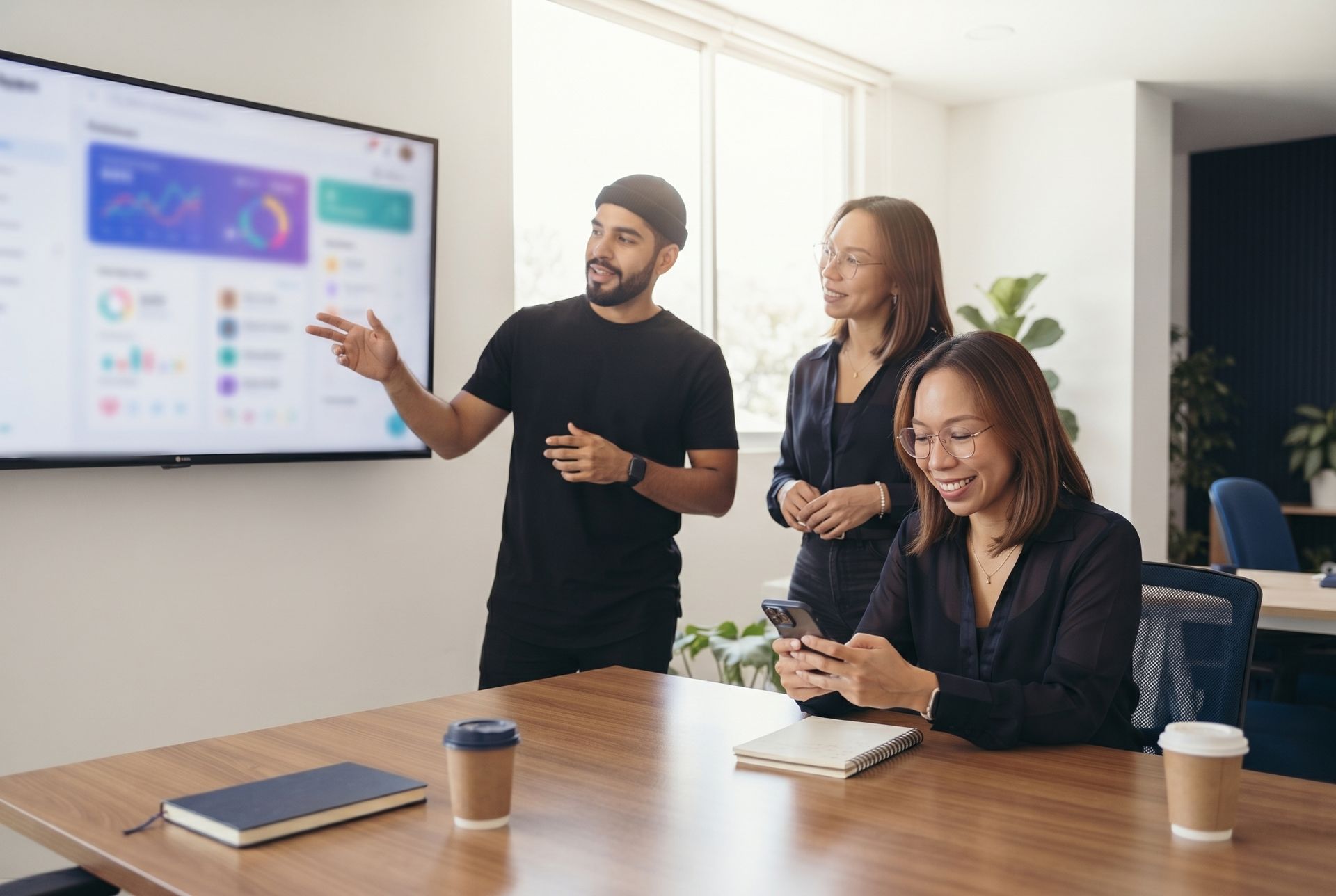 Equipo revisando el avance de un proyecto en pantalla